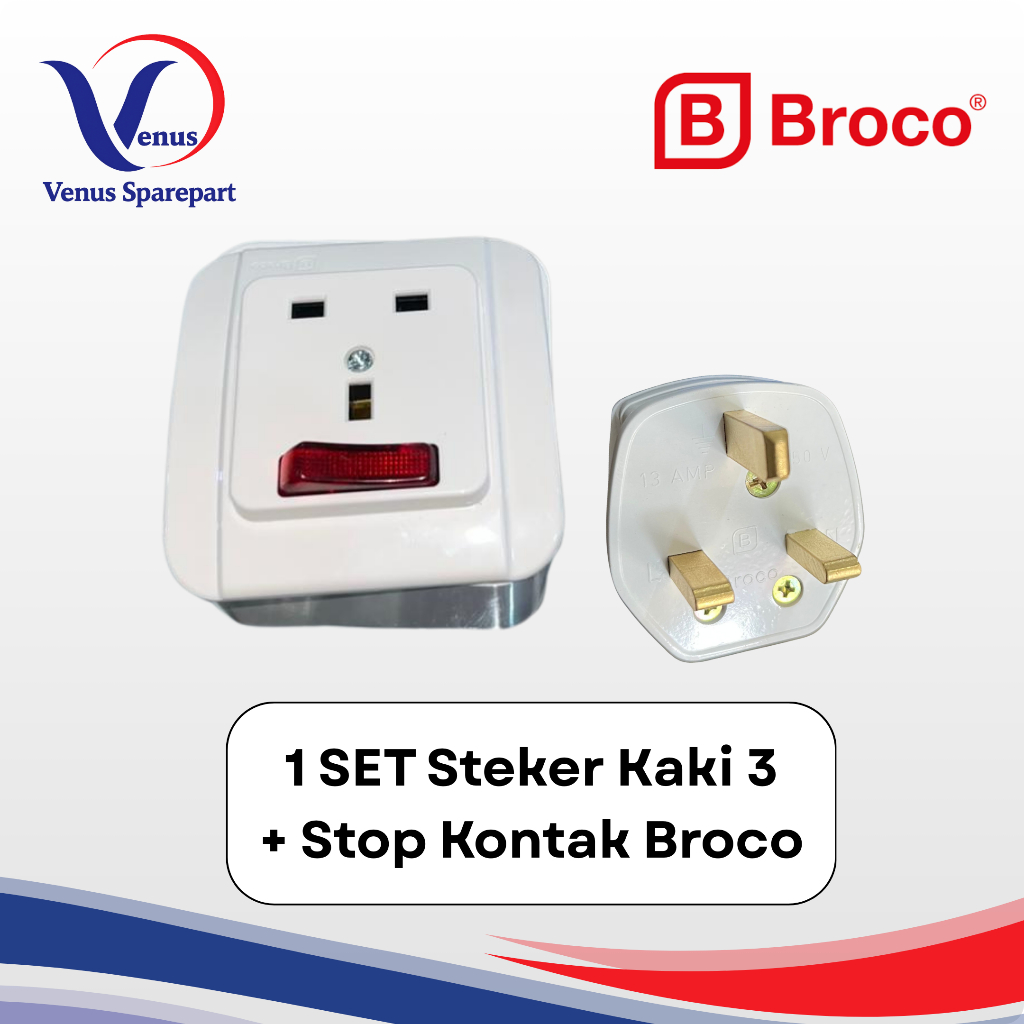 STOPKONTAK + STEKER / COLOKAN AC KAKI 3 BROCO (1 SET)