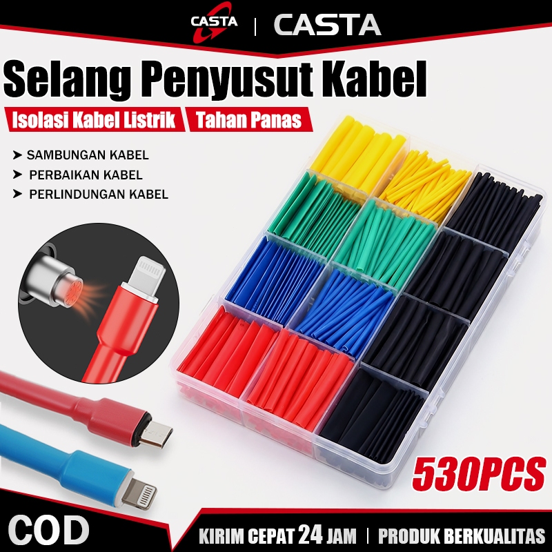 CASTA Set Selongsong Kabel Penyusut Panas Heat Shrink Tube 530PCS 2:1 Multi Warna Isolasi Tahan Pana