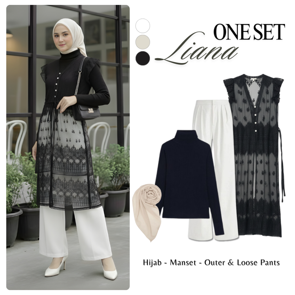One Set Liana 4in1 Set Ootd Kondangan Wanita | Outer Brukat Long Tunik Hitam - Hijab Bella Square - 