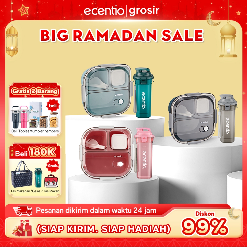 [Gratis botol] ecentio lunch box set anti tumpah 3 sekat 1100ml+100ml dengan kotak sup botol minum s