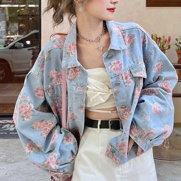 Women's New Retro Loose Printed Denim Jacket Rose Flower Jacket Top