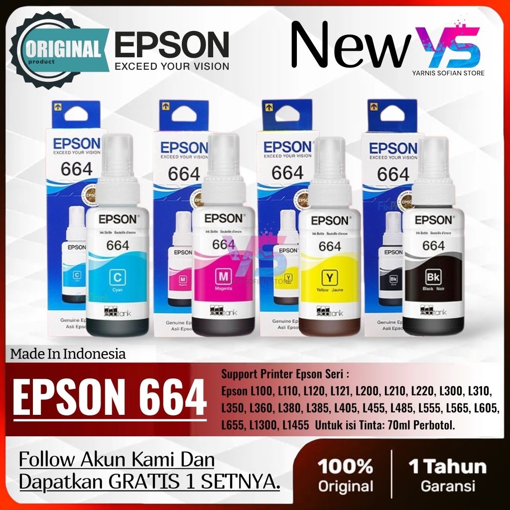 1SET TINTA PRINTER EPSON 664 ORIGINAL 70 ML TINTA L100, L110, L120, L121, L200, L210, L220, L300, L3