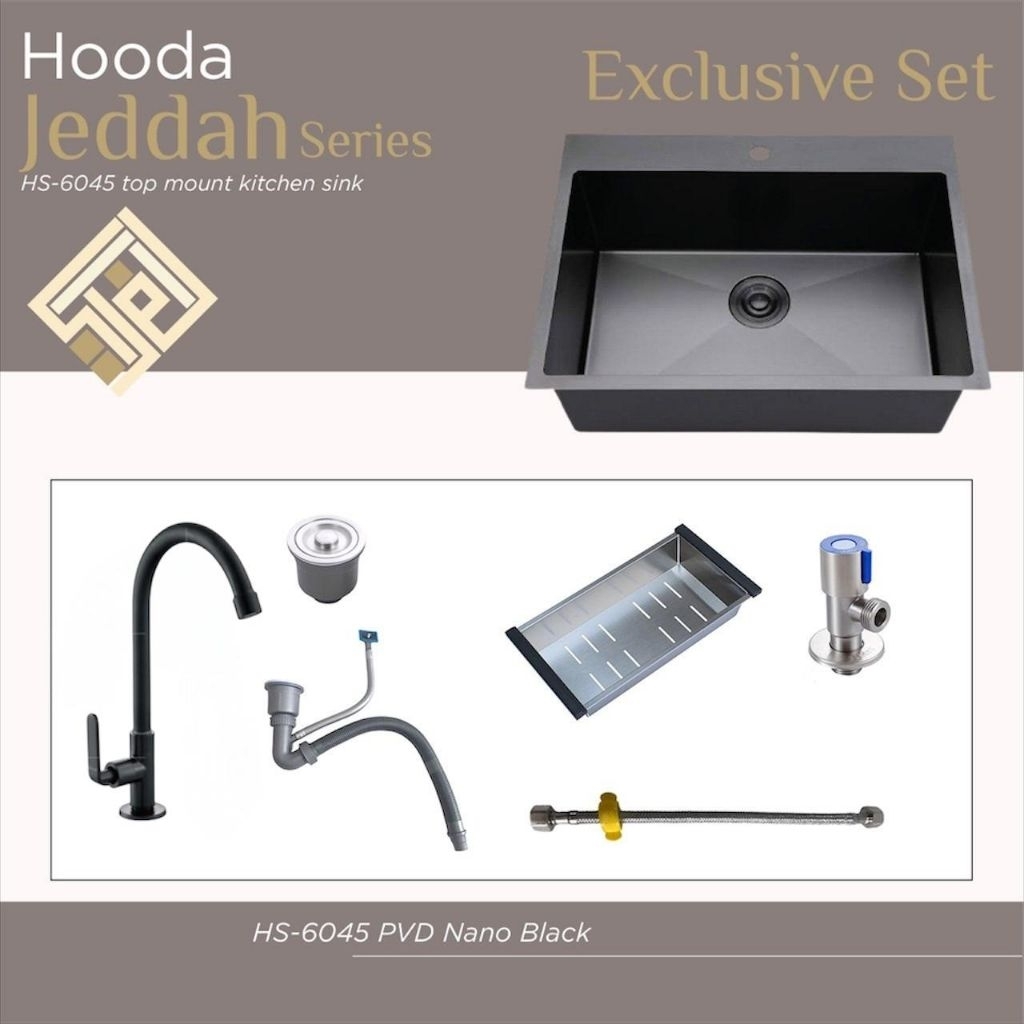 HOODA - Kitchen Sink / Paket Bak Cuci Piring 6045 Nano Black + Kran