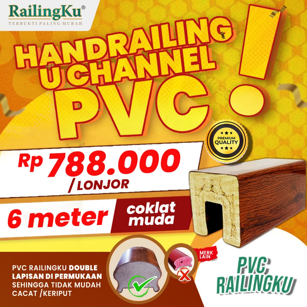 Railingku Handrailing PVC U-Channel Motif Kayu Panjang 6 Meter