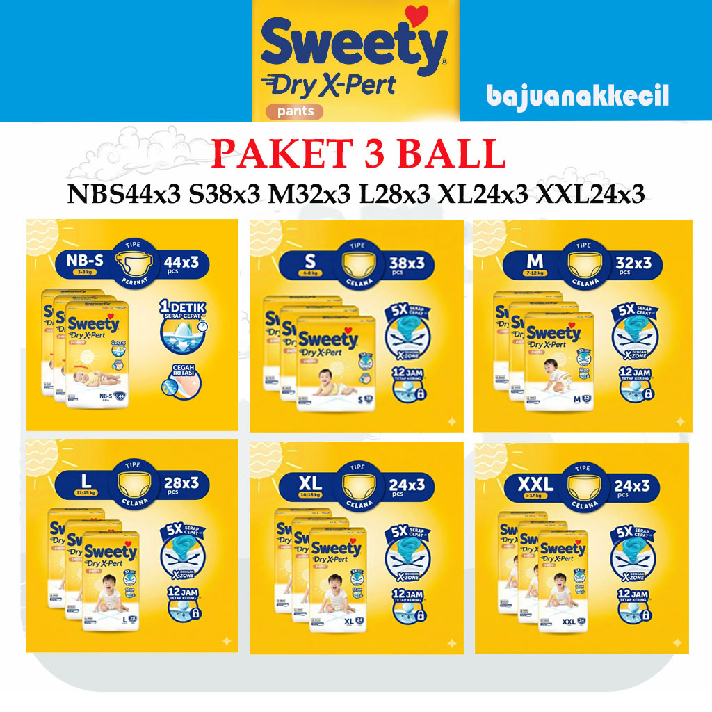 Sweety Bronze Paket 3 Ball NBS44 Perekat S38 M32 L28 XL24 XXL24 Pants Dry XPert Diapers Swety X-Zone
