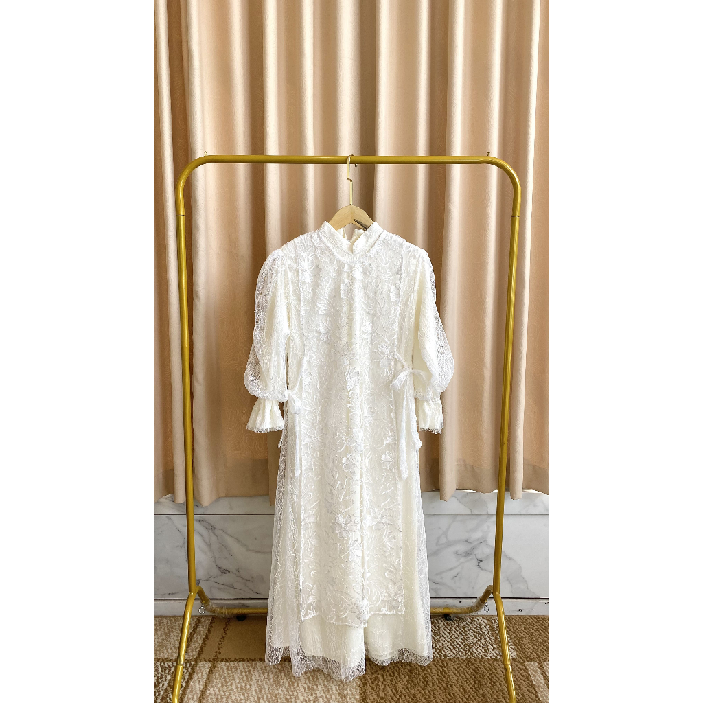 Gamis Wanita Brokat Premium | Lengan Balon Elegant | Warna Broken White