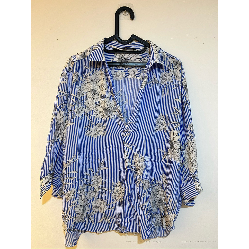 [PRELOVED] Zara Floral Stripe Shirt - Blue White
