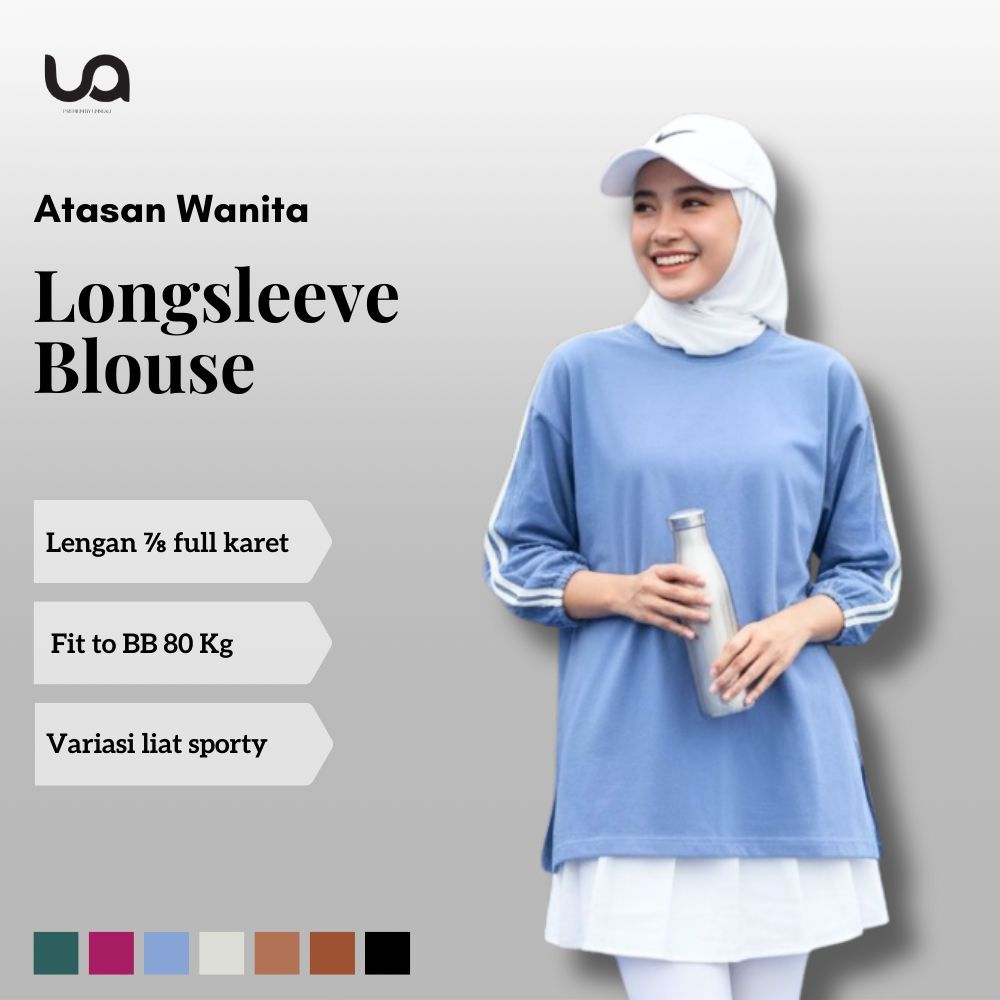 KAOS ATASAN WANITA BLOUSE LENGAN 7/8 STRIPE LONGSLEEVE TOP HIJAB SLITHIGH SPORTY KEKINIAN BAHAN COTT