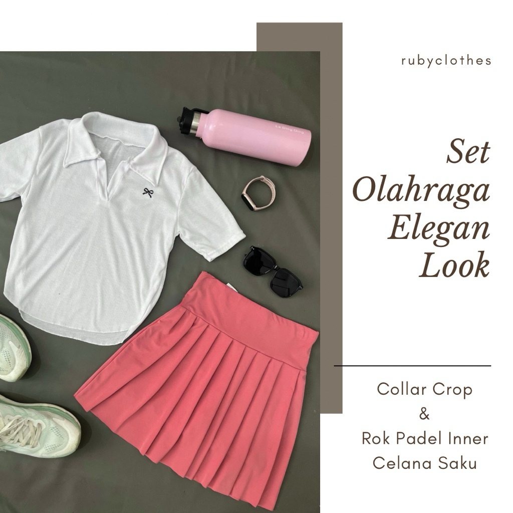 Set Olahraga Elegan Look Collar Crop Mix Rok Padel Rempel Double Inner Celana