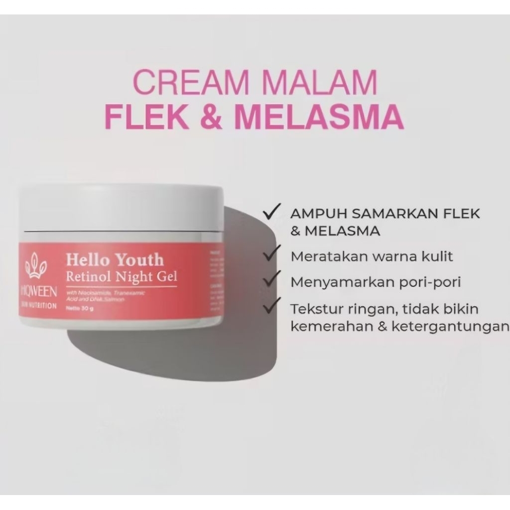 Hiqween Retinol Night Gel Moisturizer Cream malam 30g untuk atasi flek