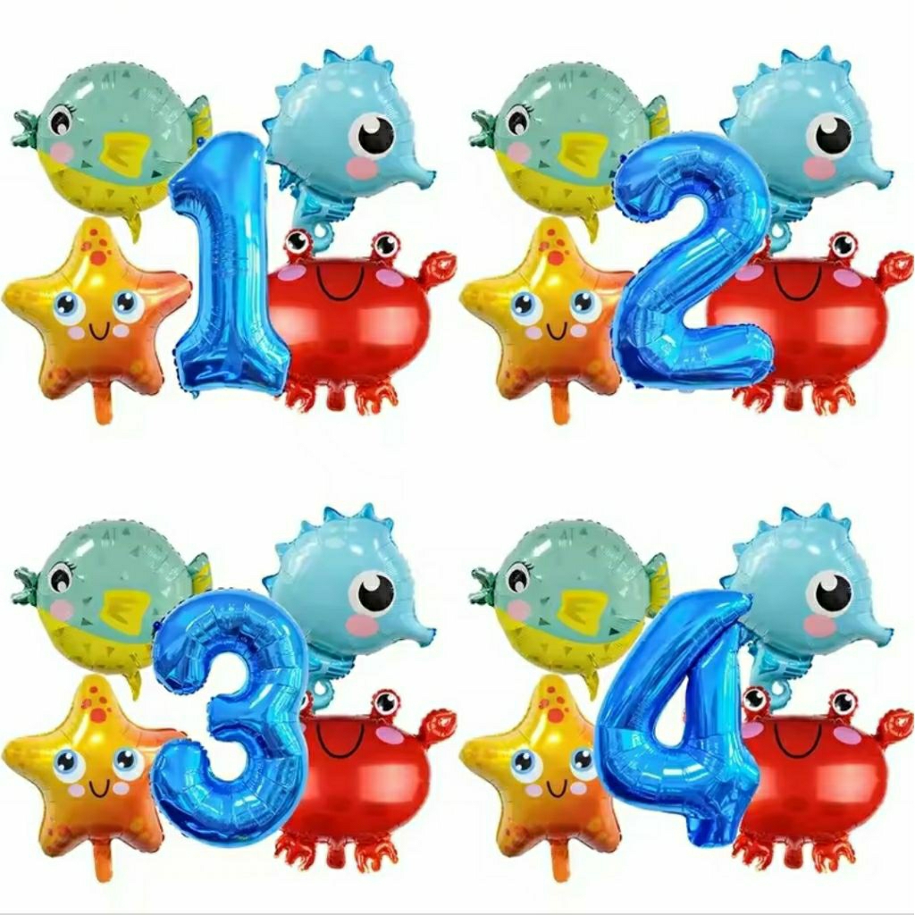 Set paket balon foil angka 80cm warna light blue tema hewan laut sea animal binatang seaworld kepiti