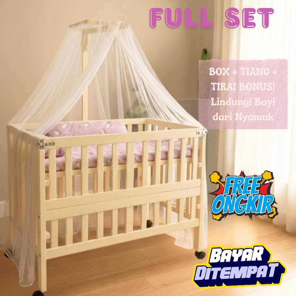 Keranjang Tidur Bayi Newborn Ranjang Tempat Baby Kayu Kokoh Fullset Bantal Box Tiang Tirai Roda