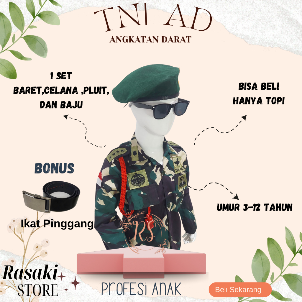 TNI AD BARET HIJAU seragam tni jendral anak baju profesi tentara anak pakaian tni angkatan darat ana