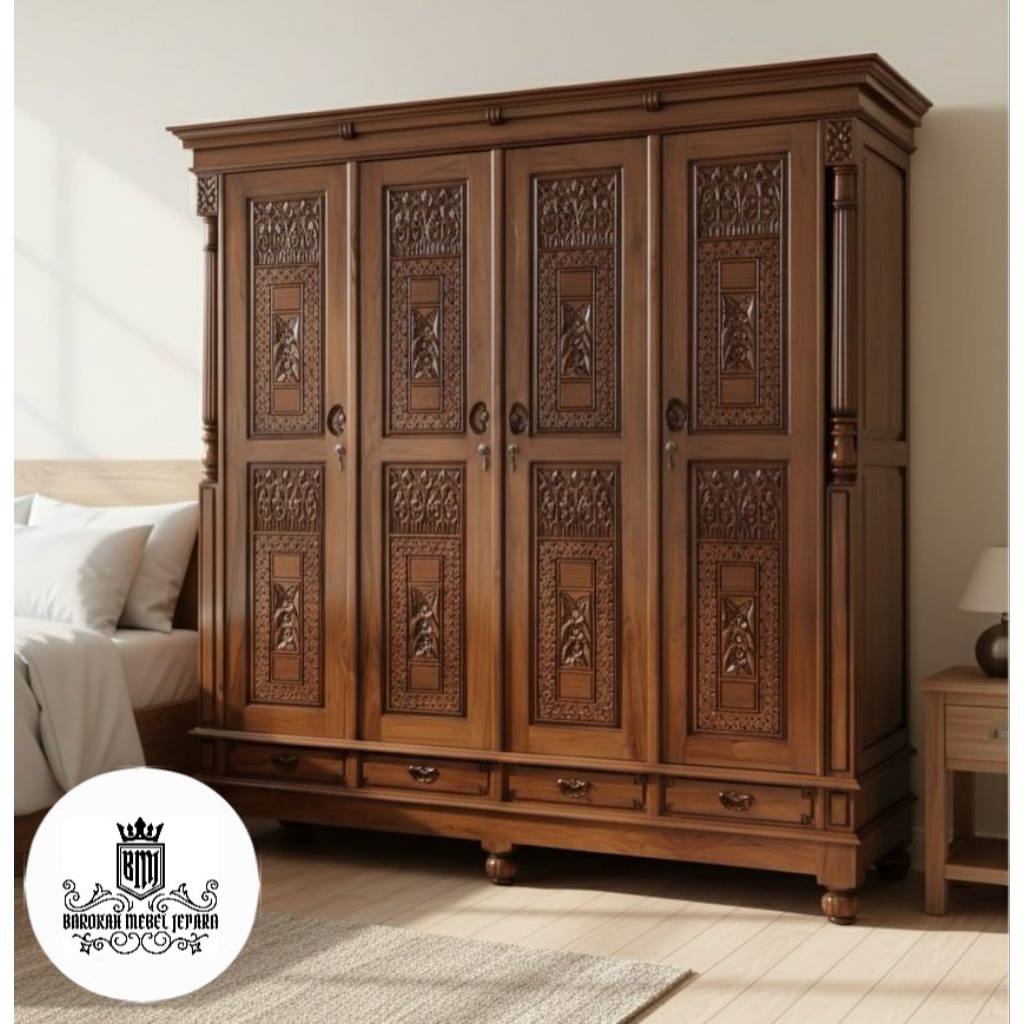 lemari pakaian jati pintu 4 ukiran plus kaki lemari