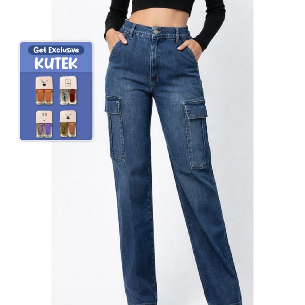 Emba Ladies - Felise Celana Cargo Jeans Wanita Casual Light Blue