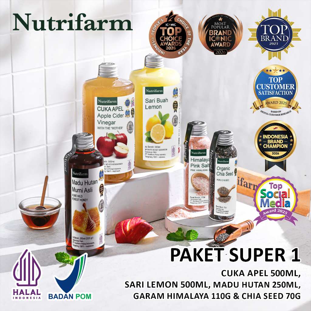 Nutrifarm Paket Super 1 /Cuka Apel Lemon Madu Hutan Himalayan Salt Chia Seed