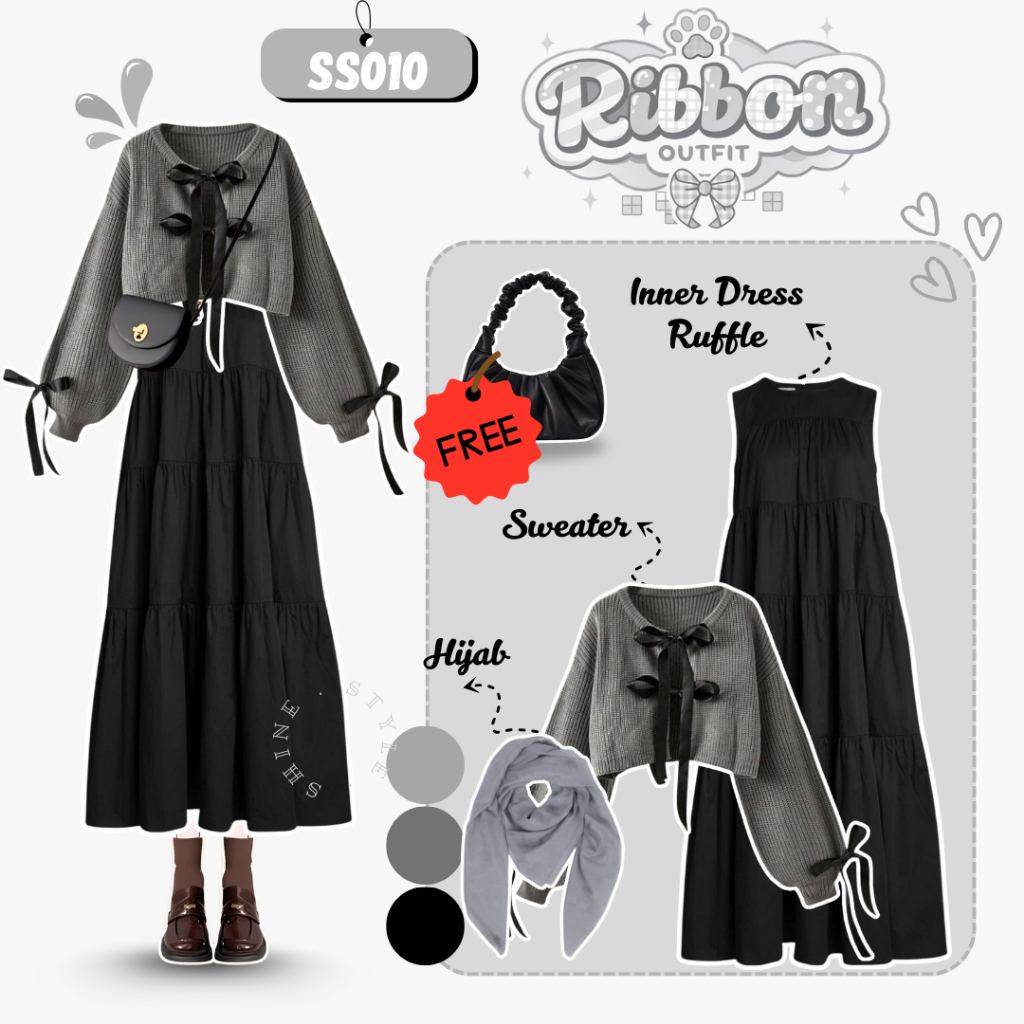 OOTD Hijab Kekinian Set Remaja | Sweater Ribbon Abu | Inner Dress Ruffle Hitam | Hijab Abu | SS010