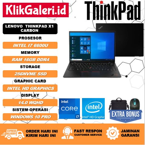 LAPTOP KERJA LENOVO THINKPAD X1 CARBON INTEL I7 6600U 16GB 256GB 14.0 WQHD WIN10PRO BLACK