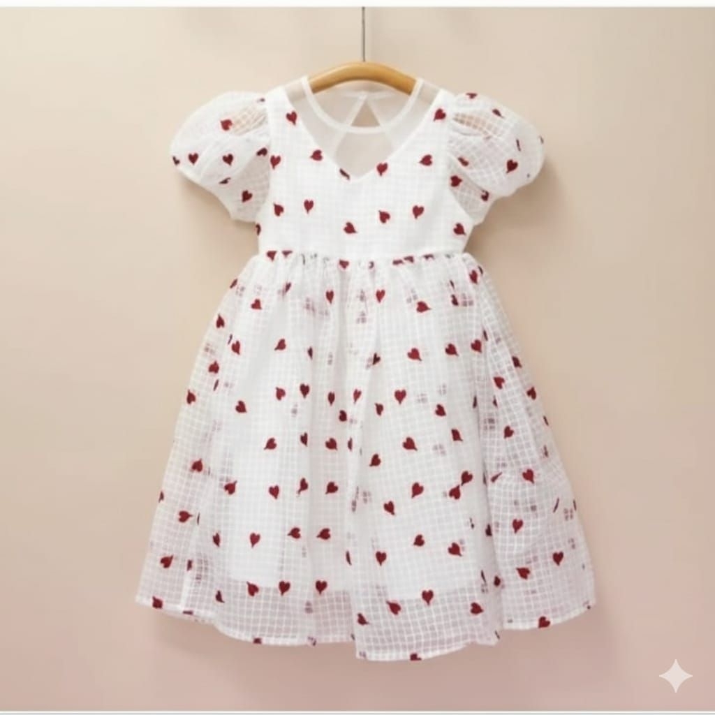 Dress Tutu Anak Perempuan Bahan Tile Premium Motif Love | Gaun Pesta Anak Lengan Balon Size 80-110