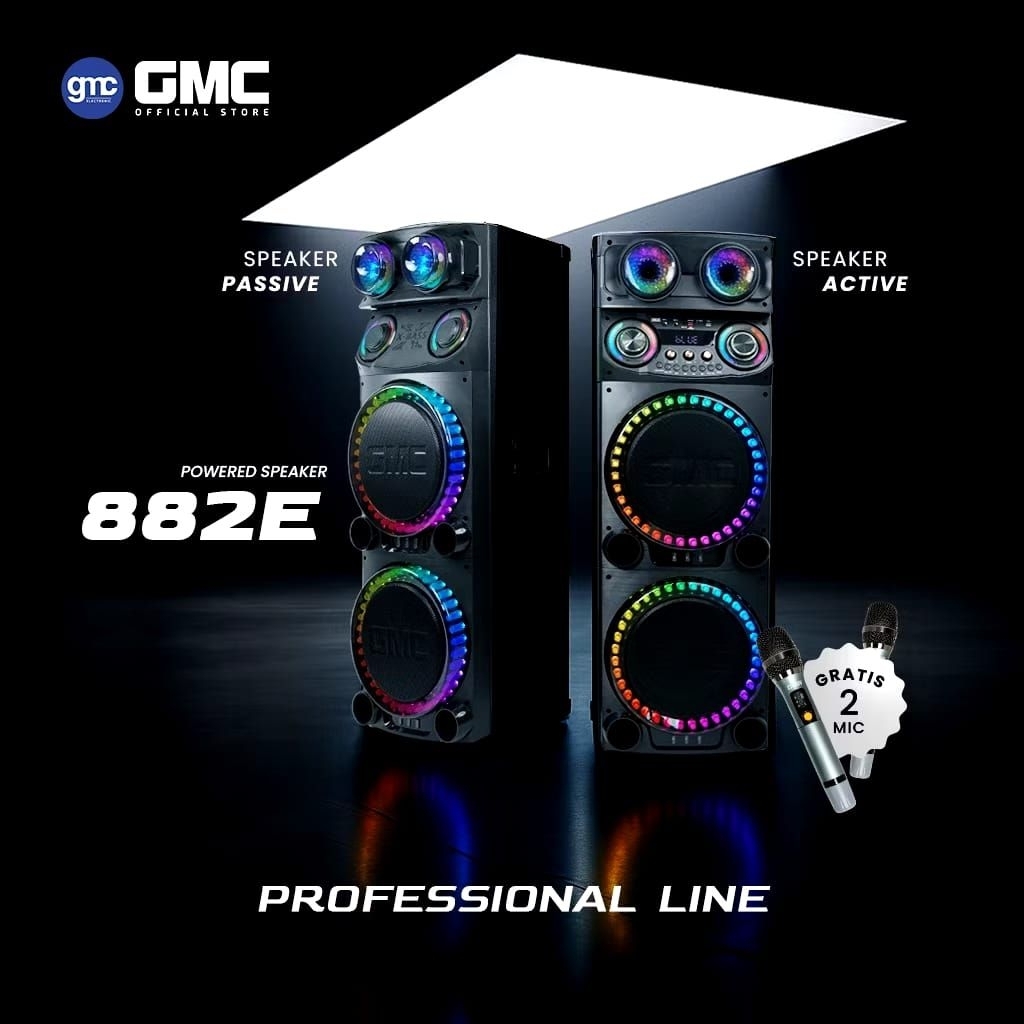 GMC 882E Speaker Bluetooth Karaoke Profesional Line 12"×2 Free 2 Mic Wireless