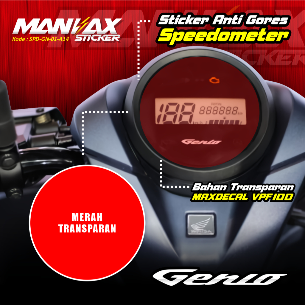 STIKER PELINDUNG AKSESORIS SPEDOMETER MOTOR GENIO-STIKER PELINDUNG SPEDO WARNA MERAH TRANSPARAN SUDA