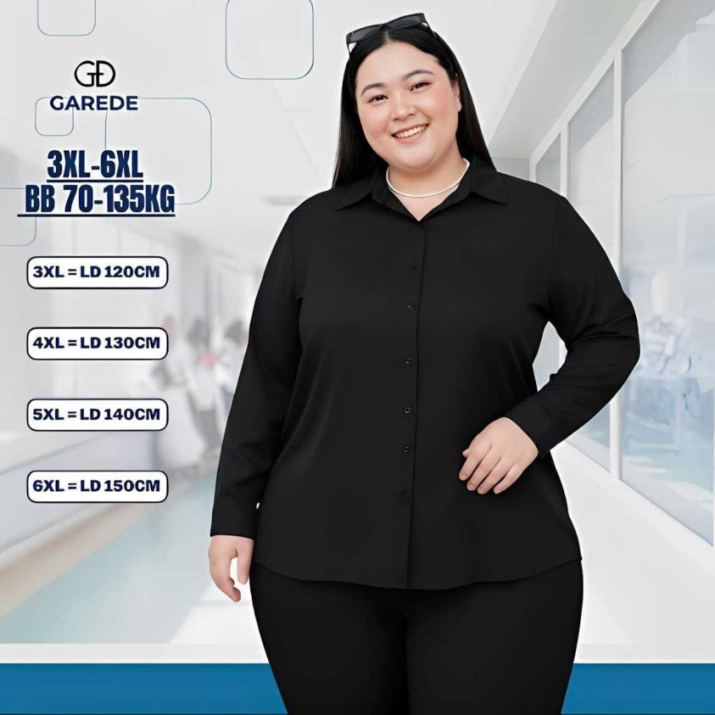 Garede Oversize Shirt - Kemeja Oversize Wanita LD 120 130 140 150 Hem Lengan Panjang Hitam Jumbo