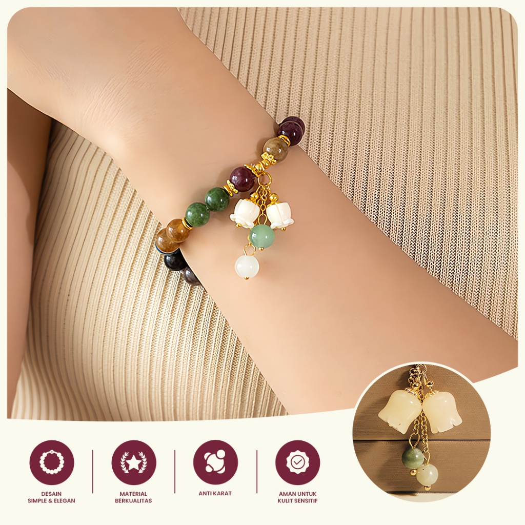 Gelang Wanita Aksesoris Hijau Kaca dengan Hiasan Bunga Logam Perak Aksesori Hyl Jewelry Wanita gelan