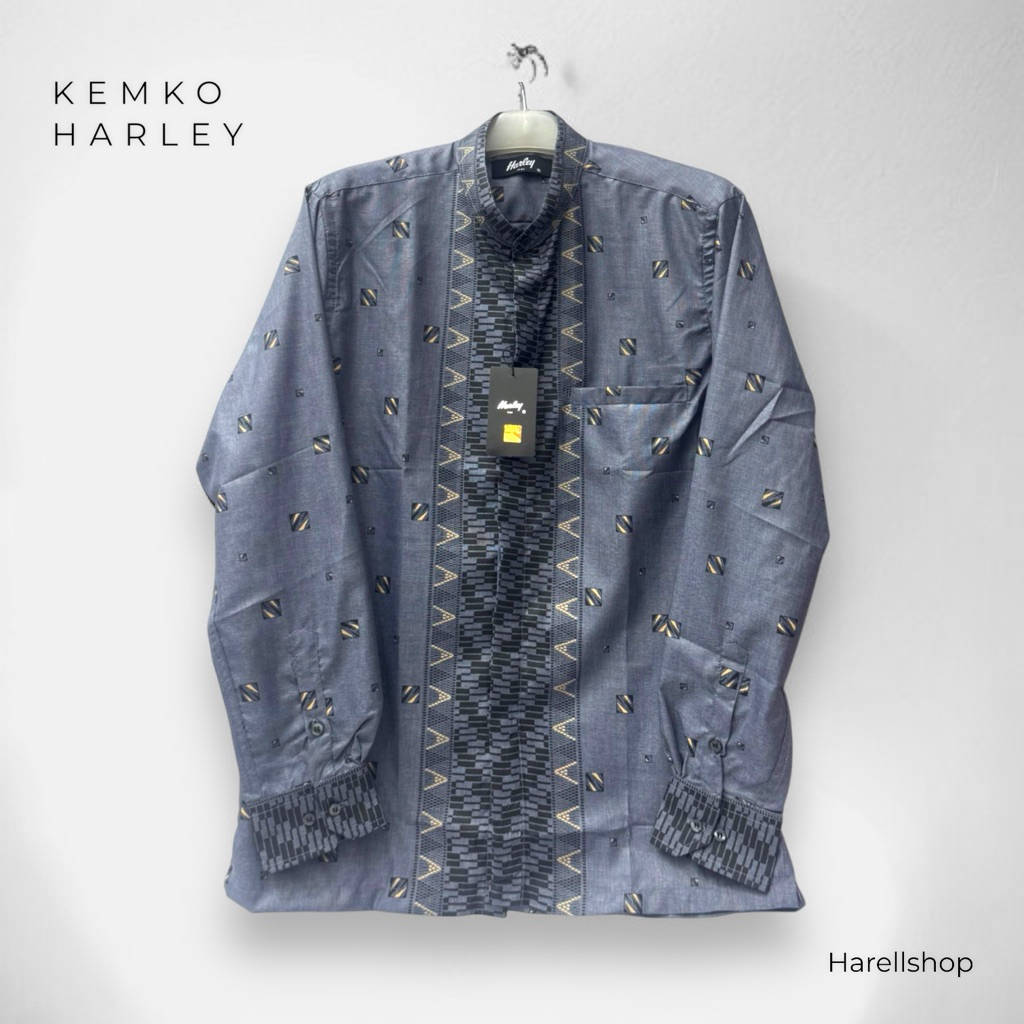 Kemko Harley Pria Lengan Panjang Warna Abu Tua Motif | Bahan Katun Adem | Koko Modern Premium