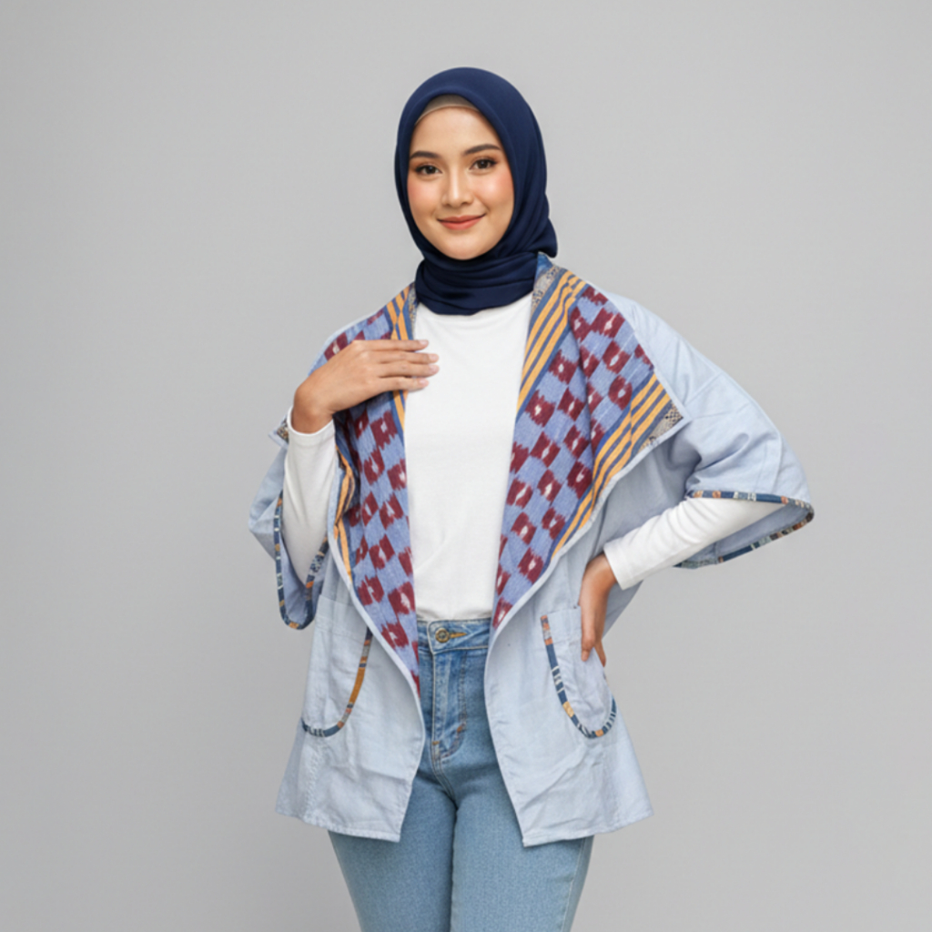 Falasifa - Tenun Modern Wanita - Kimono Outer - Oversize Outer Mix Etnik Modern - Wastra Tenun Biru 
