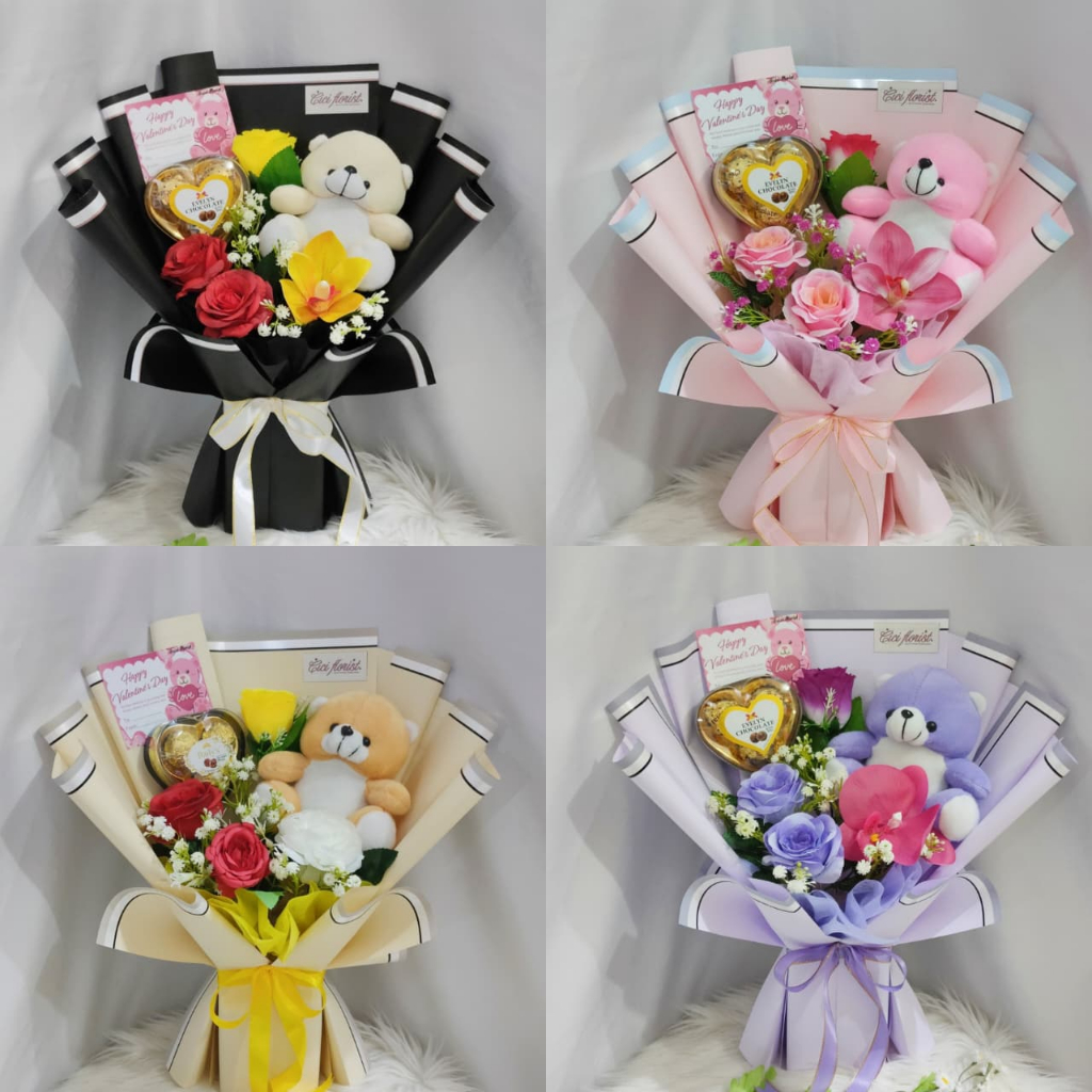 [Special Valentine 2026] Buket Bunga + Boneka Bear + Coklat bentuk Love (Isi 3pcs coklat kecil) Edis