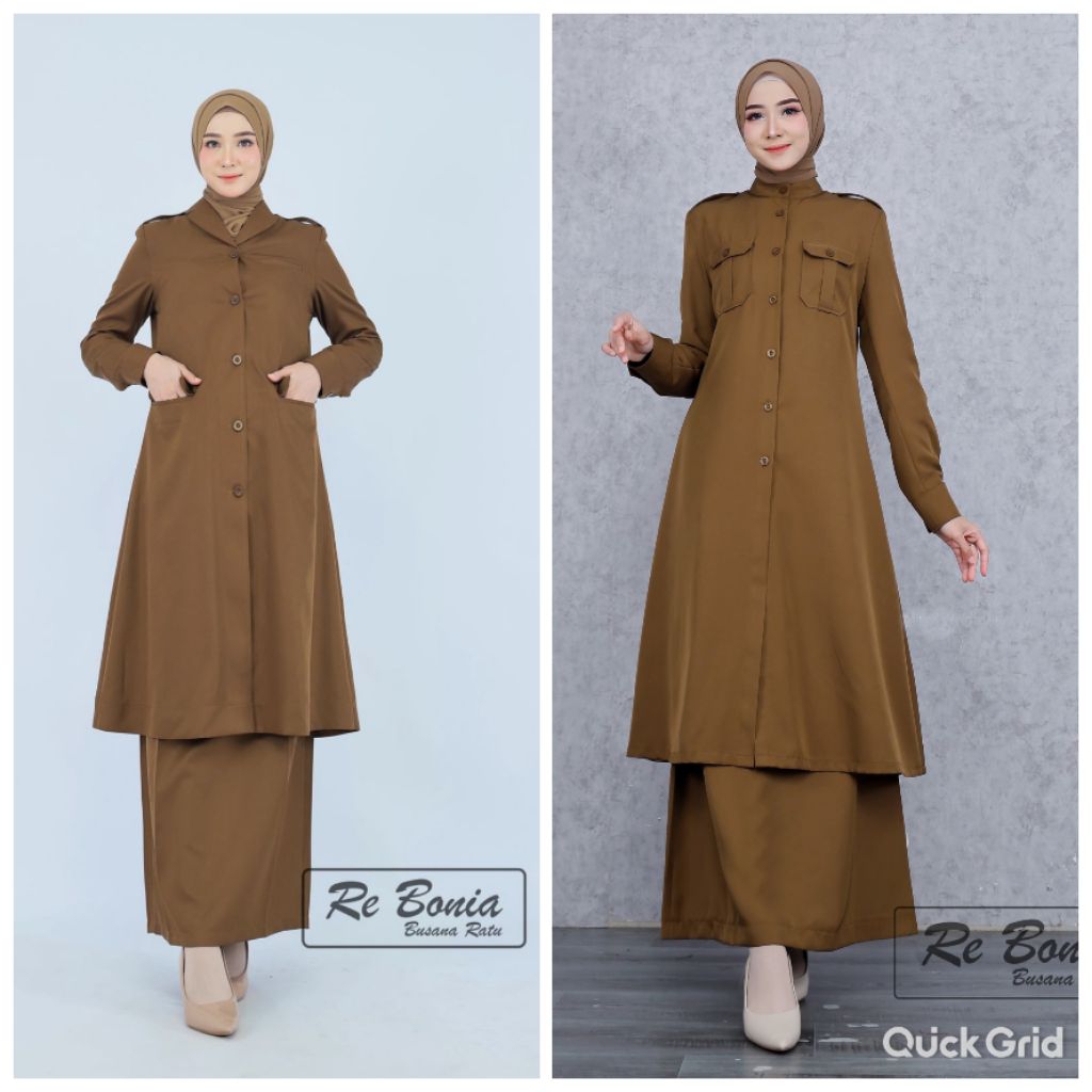 Seragam Tunik PDH Kheki Tua NON PURING  Wanita  ROK SPAN, Baju Kurung Kheki Tua Wanita Muslimah ASN,