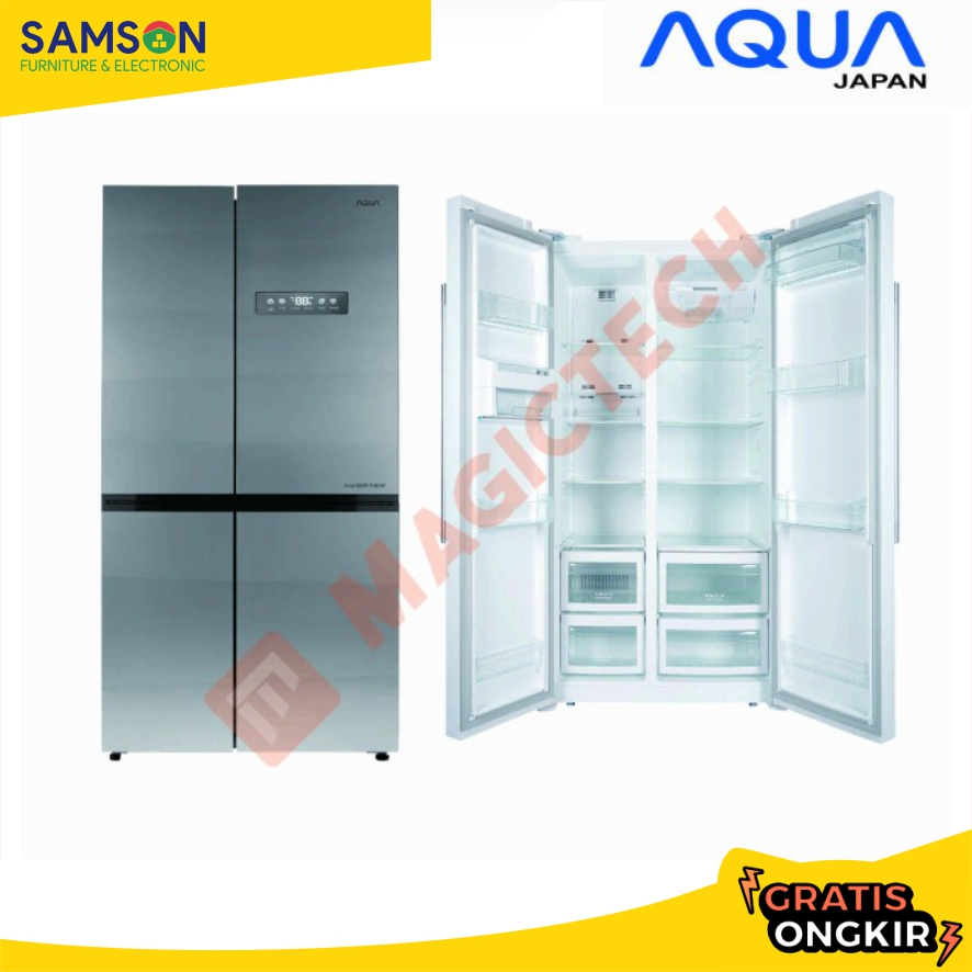 KULKAS AQUA SIDE BY SIDE AQR-575IG INVERTER 528L - SILVER KACA