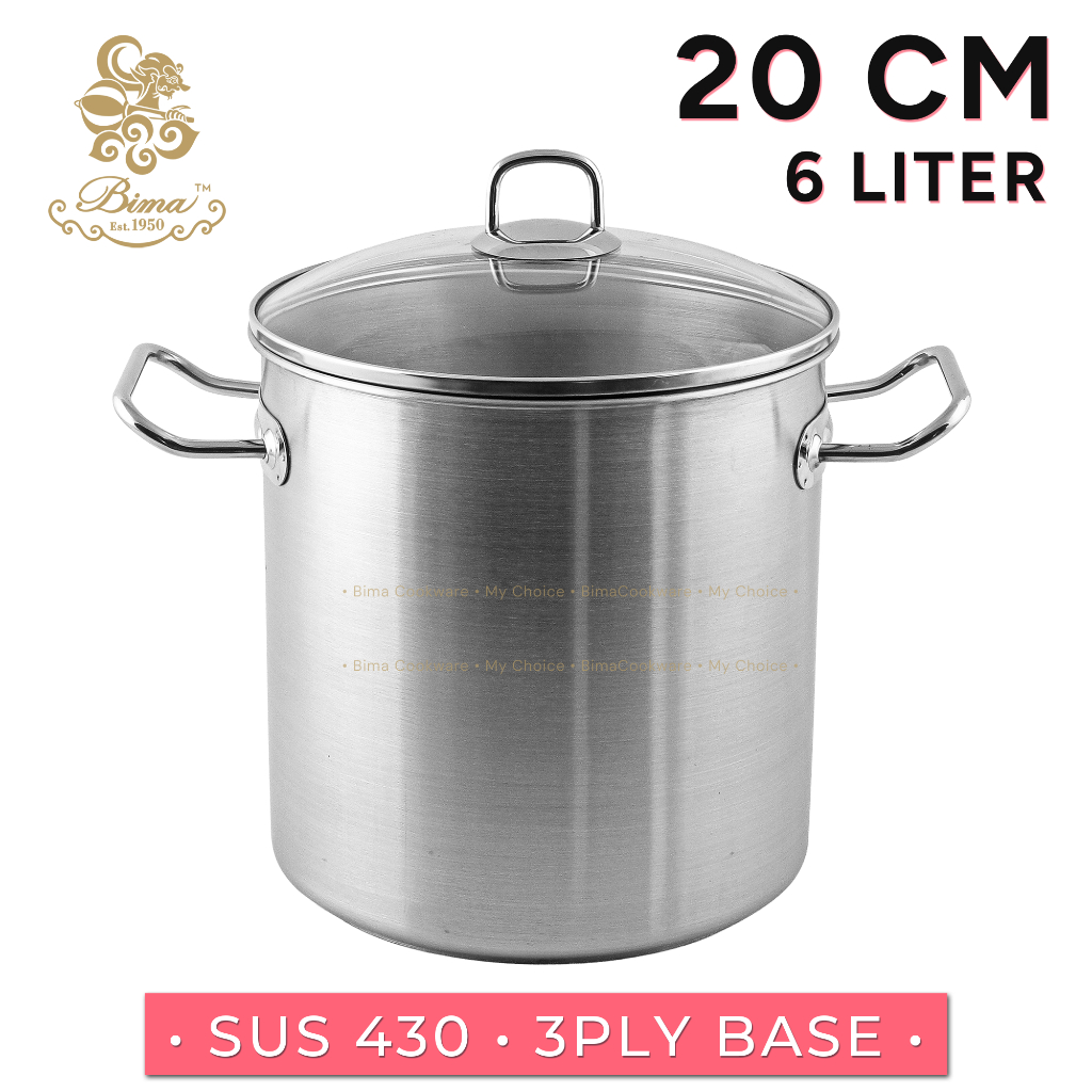 BIMA MorganWare Panci Stainless Steel SUS 430 3-Ply Base 20cm x 20cm + Tutup Kaca Bisa Induksi Food 