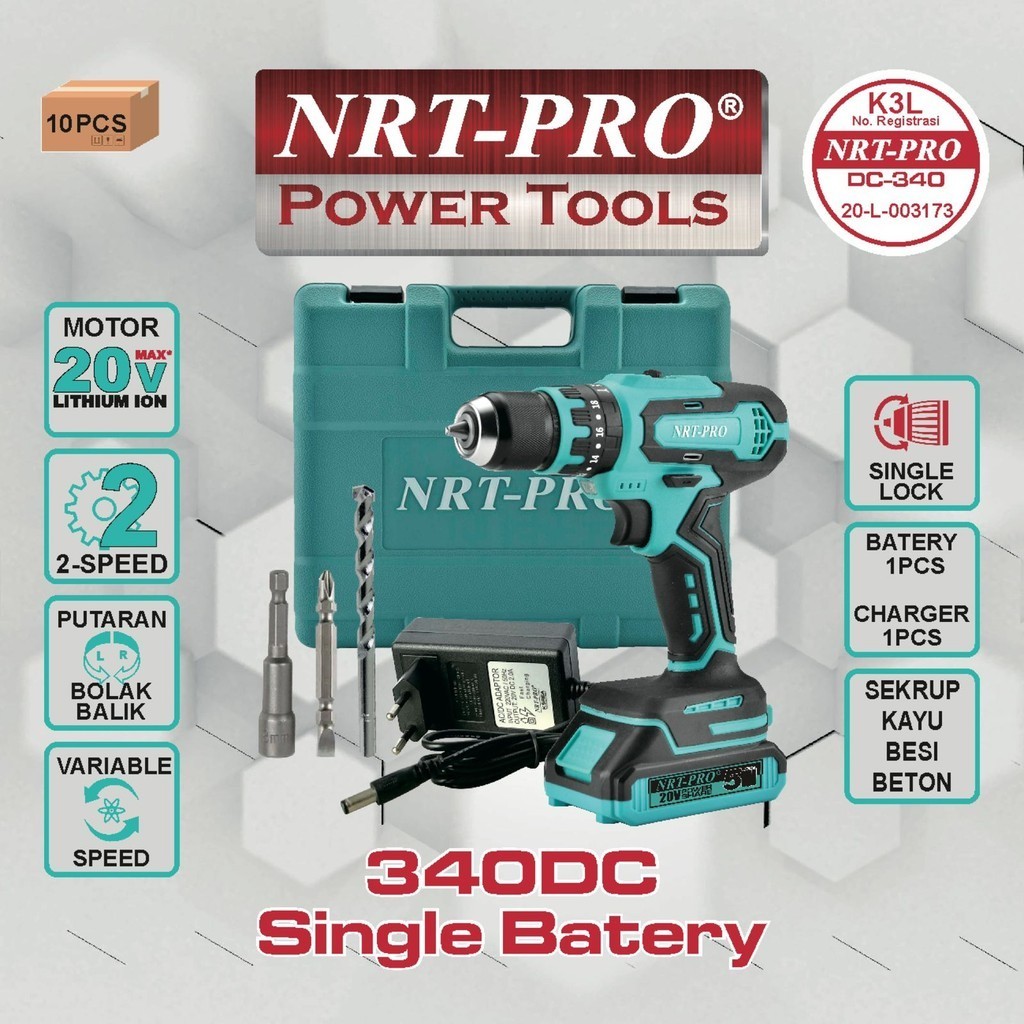 NRT PRO DC340 SINGLE 340DC/DC 340 HD Mesin Bor Baterai Cordless Set Beton 20v 10mm New Version Chuck