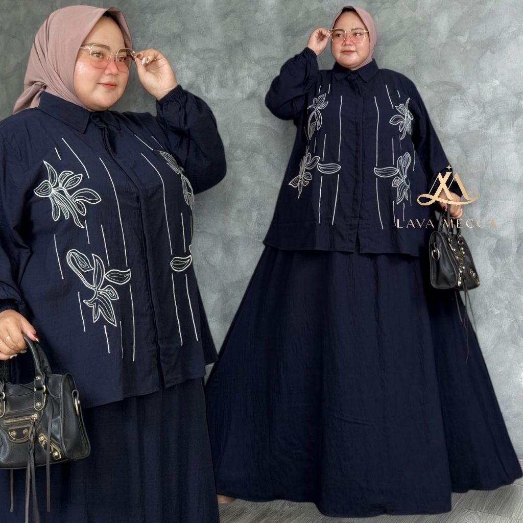 LD 140 Setelan Rok Jumbo Polo Linen HQ Apply Bordir