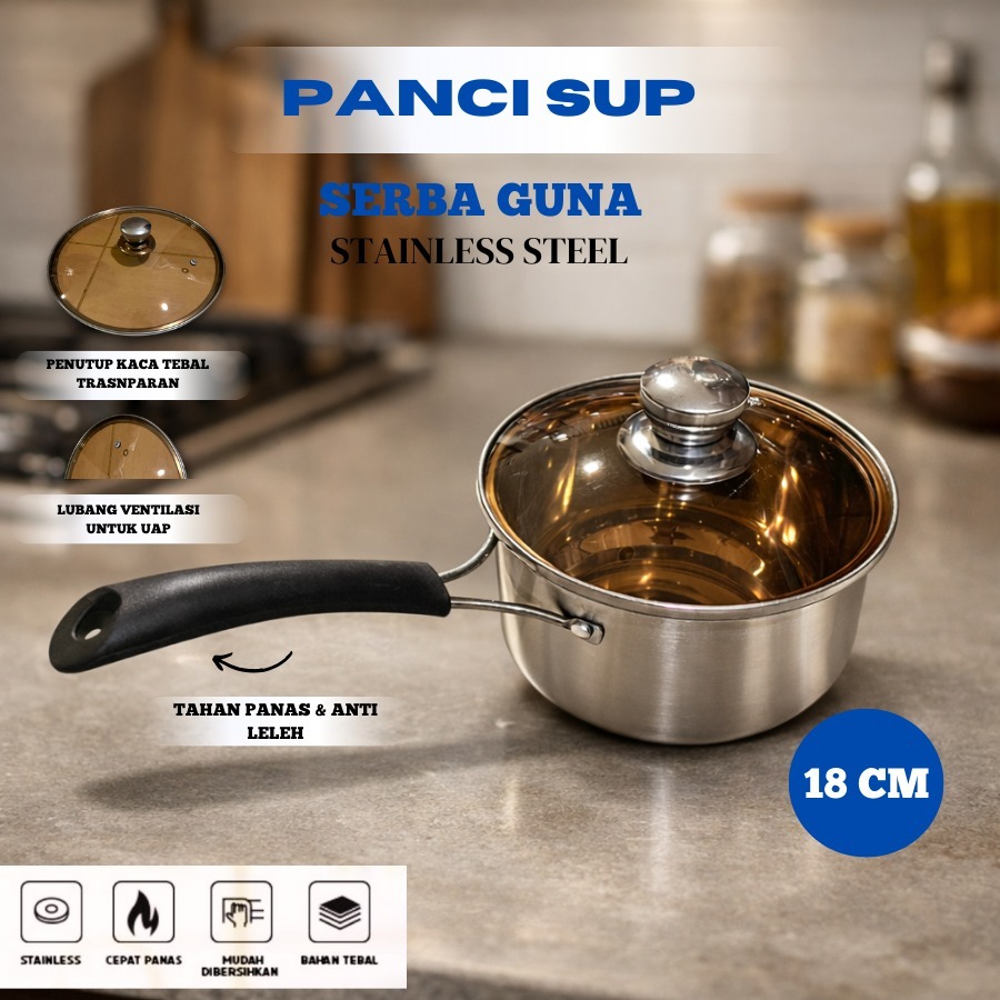 Panci Sup Stainless Steel 18cm Tebal | Panci Kecil Serbaguna Tutup Kaca Anti Karat