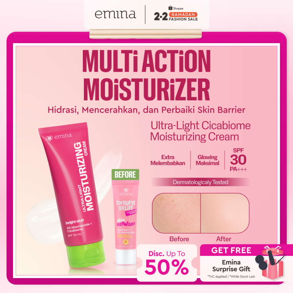 NEW Emina Bright Stuff Ultra-Light Moisturizing Cream 20 ml - Pelembab Wajah Mencerahkan, Mengandung