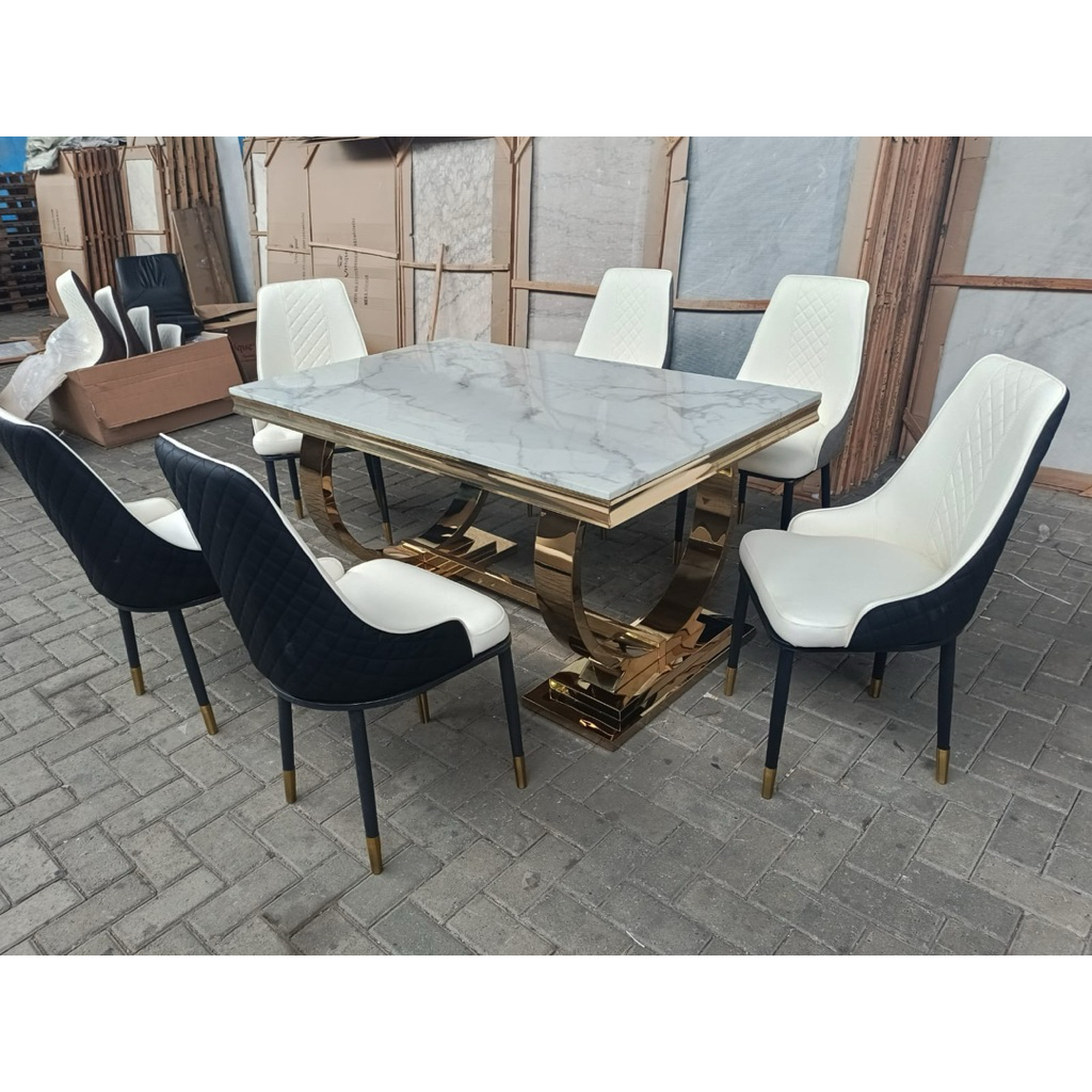 Meja Makan 6 Kursi Kaki Cincin / Meja Makan Kaki Stainless Bulat / Meja Makan Mewah Gold / Meja Maka