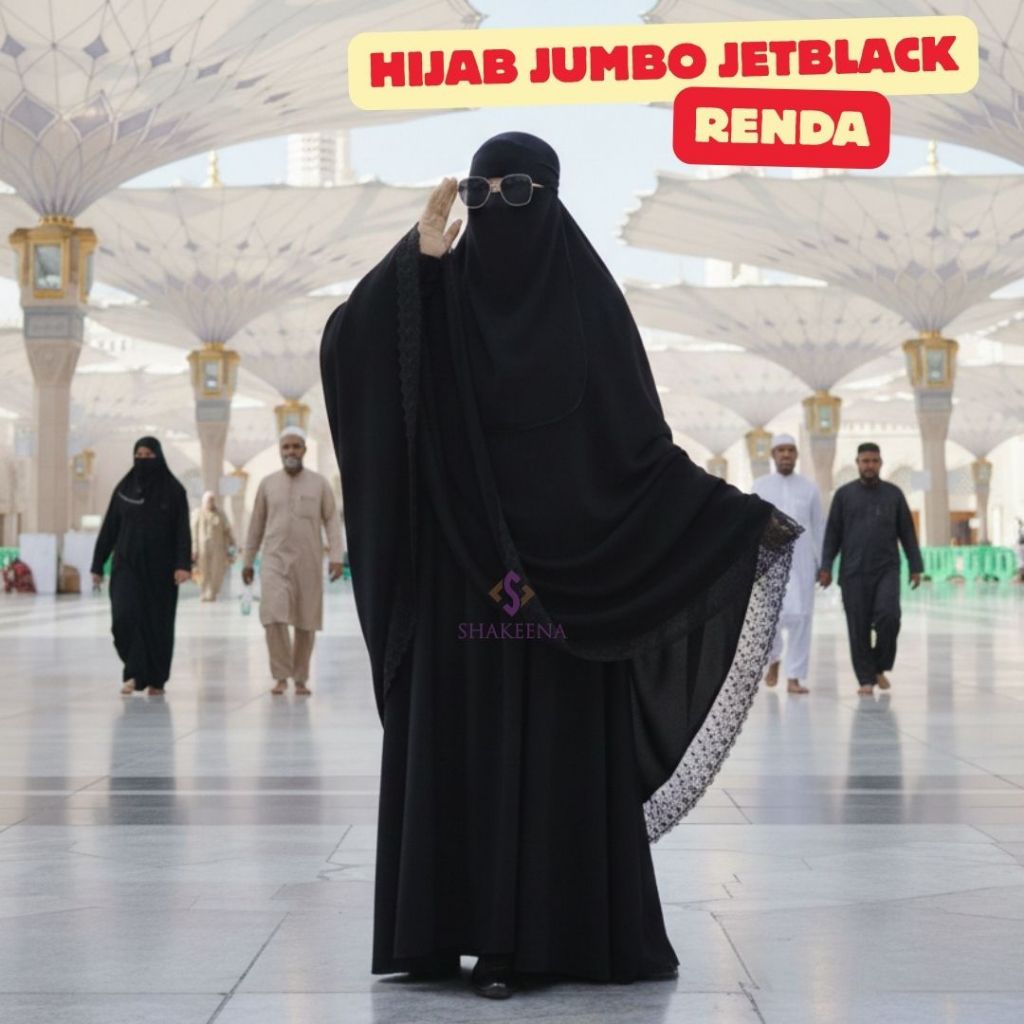 Khimar jumbo syari jetblack renda / jilbab jumbo jet black full renda