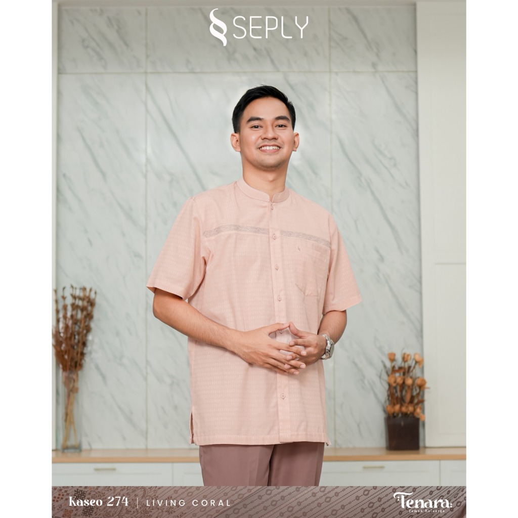 Baju Koko Pria lebaran 2026 model  terbaru Seply Sarimbit Keluarga 2026 Tenara Living Coral