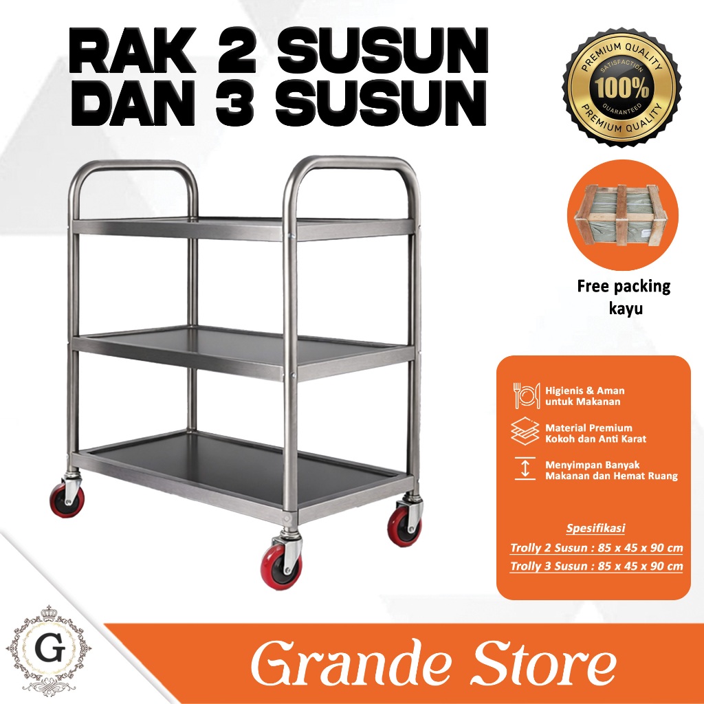 Troli Dorong Angkut Barang 2 Dan 3 Susun Kuat, Higienis & Anti Karat Include Packing Kayu | Troli Sa