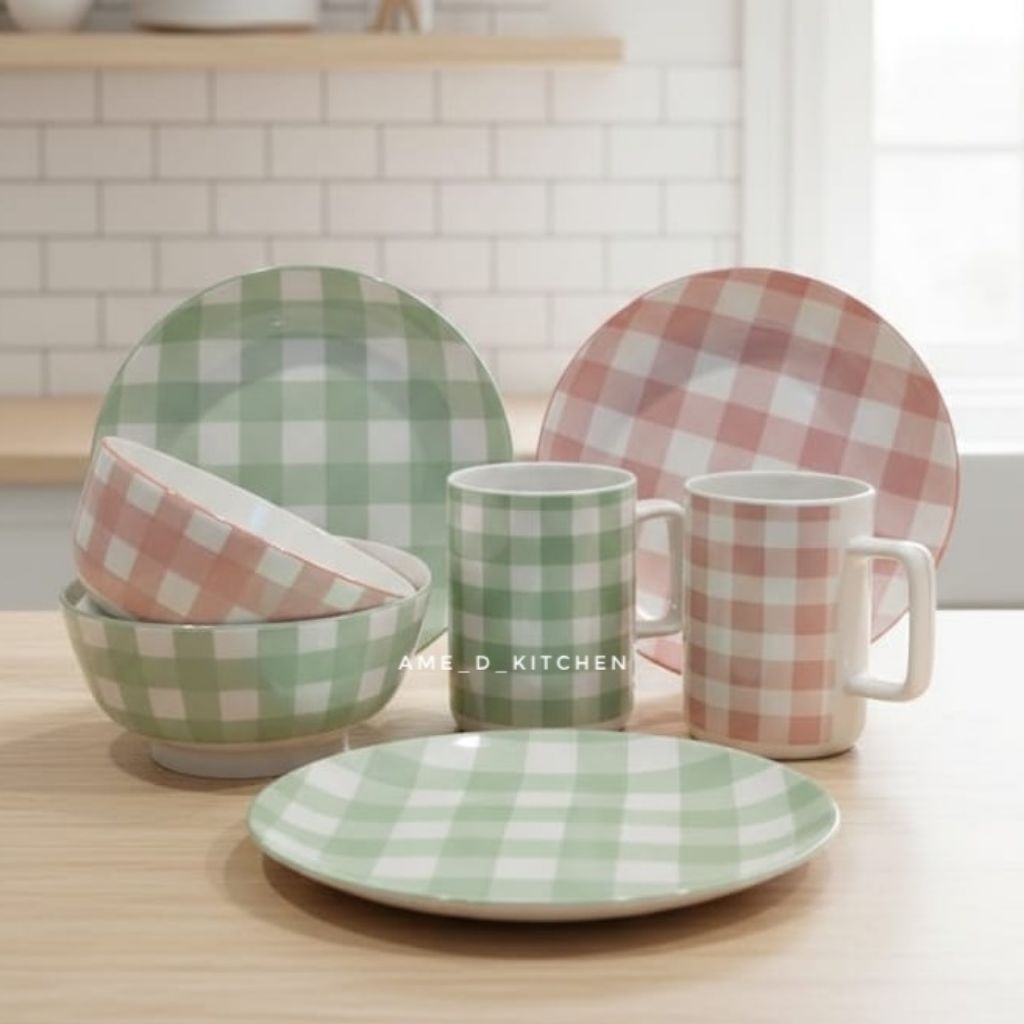 Perlengkapan makan keramik, Mug Mangkok Piring keramik pastel kotak-kotak gingham