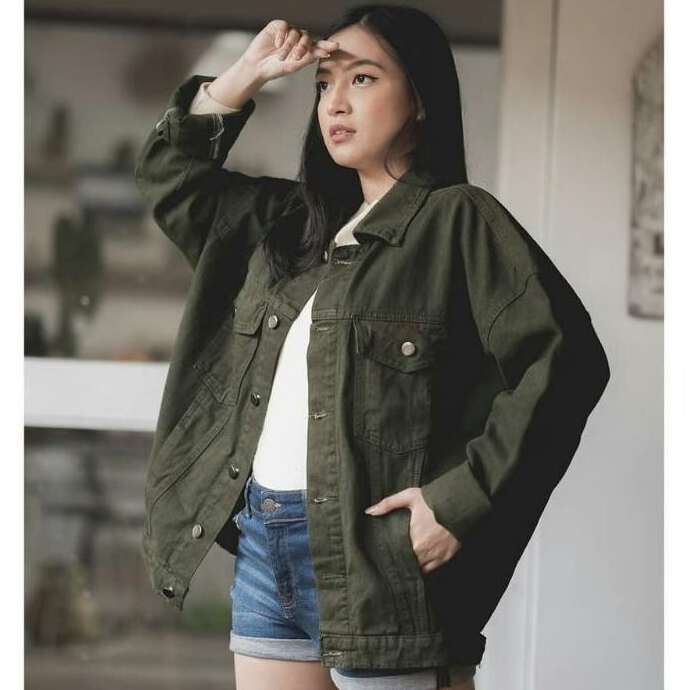 Jaket Jeans Boyfriend / Jaket Jeans Oversize Cewe - Jaket Jeans BIG SIZE Wanita - Hijau Army