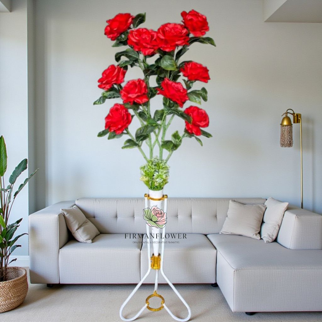 Bunga Hias Mawar Jumbo 10.Kuntum Satu set Lengkap Dengan Vas standing Besi Corong Plastik Hiasan Dek