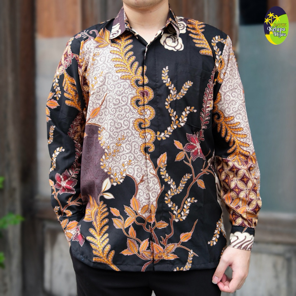 Kemeja Batik Pria Hitam Merah Putih Lengan Panjang Murah - Batik Dua Roda