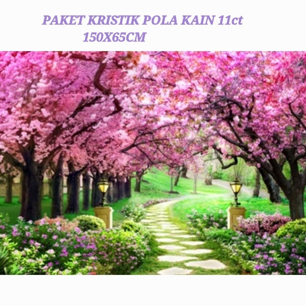 DIY paket kristik pemandangan japanese garden rumah taman bunga pohon sakura garden pola kain sulama