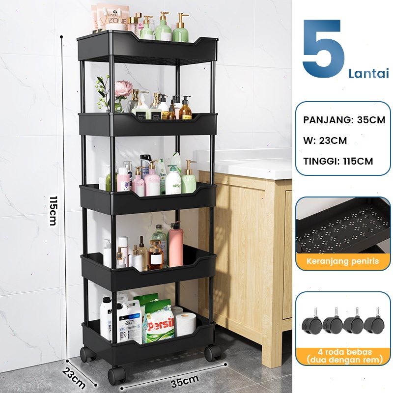 MUUTOO Rak Persegi Dapur Plastik Rak Plastik 3-5 Susun 4 Roda