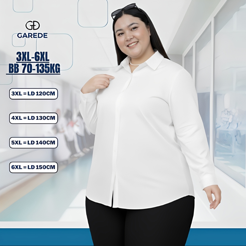 Garede - Kemeja Putih Wanita Oversize Lengan Panjang Polos Jumbo LD 120 130 140 150 Atasan Big Size