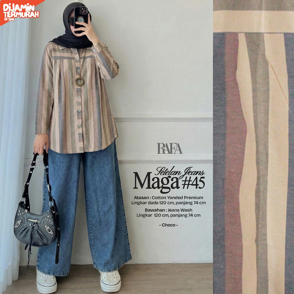 Setelan Kemeja Wanita MAGA Set Bahan Katun Motif Kotak Celana Jeans Ukuran Jumbo LD 120 cm