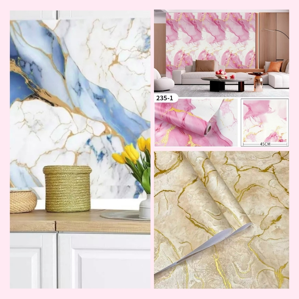 Stiker Wallpaper Dinding Motif Marmer Marble Putih Walpaper Sticker Marmer Granit Pink PVC 10 Meter